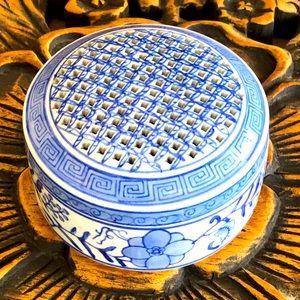 Vintage 1960’s Blue White Ceramic Jar With Lid